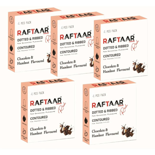 Raftaar Dotted & Ribbed Contoured Chocolate & Hazelnut Flavoured Condoms (4pcs, Pack of 5)