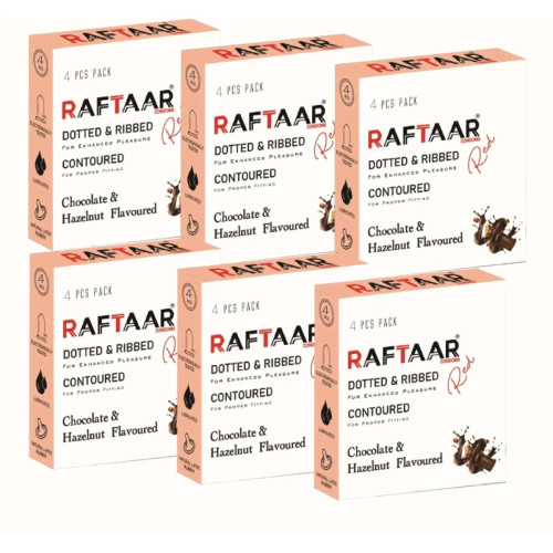 Raftaar Dotted & Ribbed Contoured Chocolate & Hazelnut Flavoured Condoms (4pcs, Pack of 6)