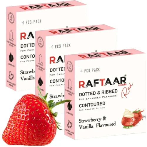 Raftaar Dotted & Ribbed Contoured Strawberry & Vanilla Flavoured Condoms (4pcs, Pack of 3)