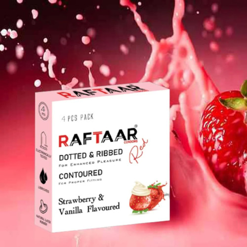 Raftaar Dotted & Ribbed Contoured Strawberry & Vanilla Flavoured Condoms (4pcs, Pack of 3)