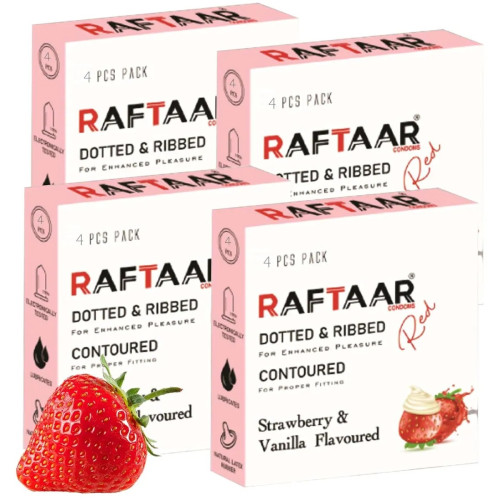 Raftaar Dotted & Ribbed Contoured Strawberry & Vanilla Flavoured Condoms (4pcs, Pack of 4)