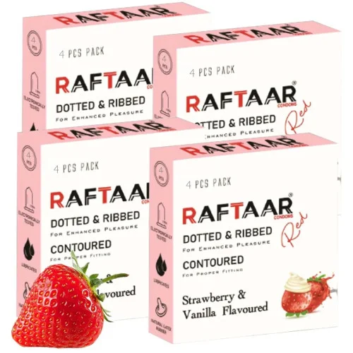 Raftaar Dotted & Ribbed Contoured Strawberry & Vanilla Flavoured Condoms (4pcs, Pack of 4)