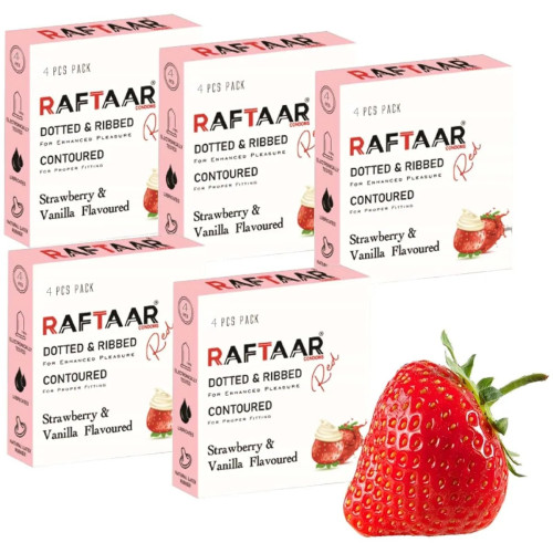 Raftaar Dotted & Ribbed Contoured Strawberry & Vanilla Flavoured Condoms (4pcs, Pack of 5)