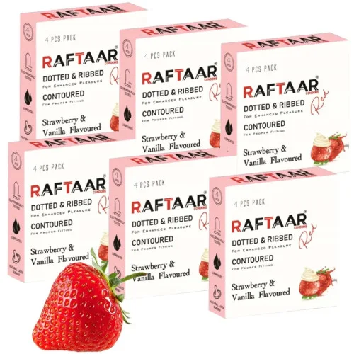 Raftaar Dotted & Ribbed Contoured Strawberry & Vanilla Flavoured Condoms (4pcs, Pack of 6)