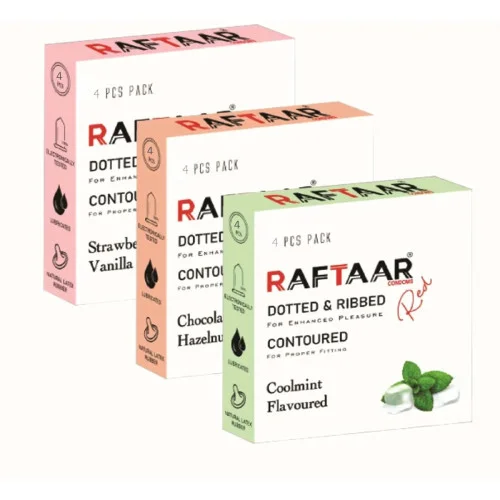 Raftaar Dotted & Ribbed Contoured Strawberry & Vanilla + Chocolate & Hazelnut + Coolmint Flavoured Condoms (Each 4Pcs) (1Pack)