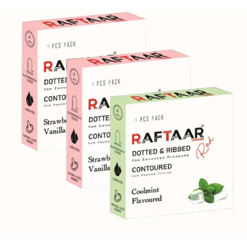 Raftaar Dotted & Ribbed Contoured Strawberry & Vanilla + Coolmint Flavoured Condoms (Strawberry 2 Box Each 4Pcs + Coolmint 1 Box 4Pcs) (1Pack)