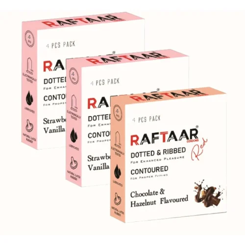 Raftaar Dotted & Ribbed Contoured Strawberry & Vanilla + Chocolate & Hazelnut Condoms (Strawberry 2 Box Each 4Pcs + Chocolate 1 Box 4Pcs) (1Pack)