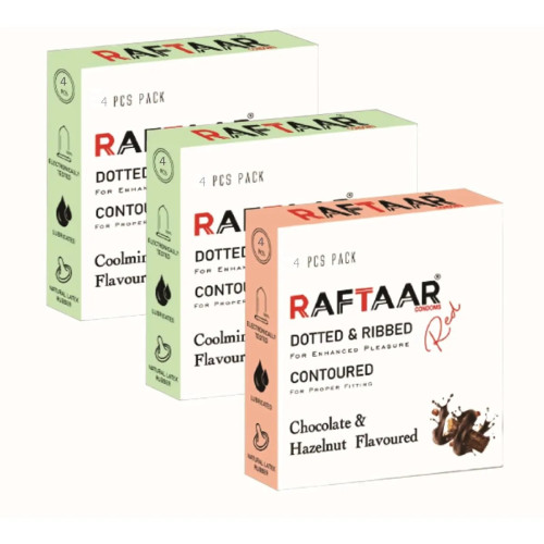 Raftaar Dotted & Ribbed Contoured Coolmint Flavoured + Chocolate & Hazelnut Condoms (Coolmint 2 Box Each 4Pcs + Chocolate 1 Box 4Pcs) (1Pack)