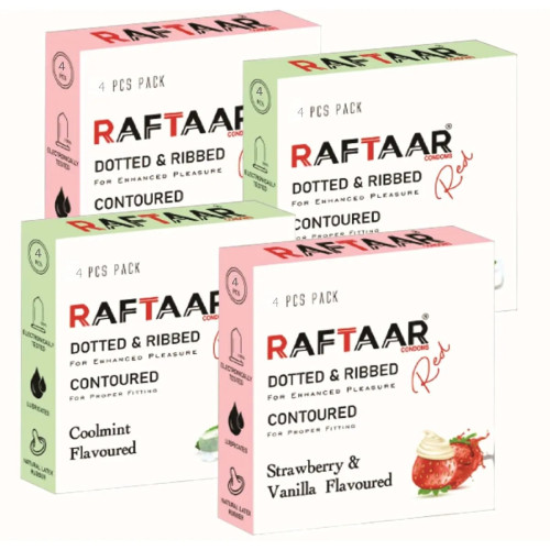 Raftaar Dotted & Ribbed Contoured Strawberry & Vanilla + Coolmint Flavoured Condoms (Each 4Pcs) (1Pack, Pack of 2)