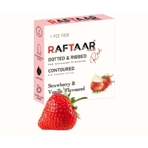 Raftaar Dotted & Ribbed Contoured Strawberry & Vanilla + Chocolate & Hazelnut Condoms (Each 4Pcs) (1Pack, Pack of 2)