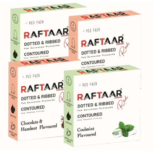 Raftaar Dotted & Ribbed Contoured Coolmint Flavoured + Chocolate & Hazelnut Condoms (Each 4Pcs) (1Pack, Pack of 2)