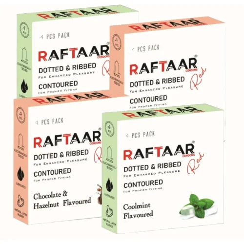Raftaar Dotted & Ribbed Contoured Coolmint Flavoured + Chocolate & Hazelnut Condoms (Each 4Pcs) (1Pack, Pack of 2)