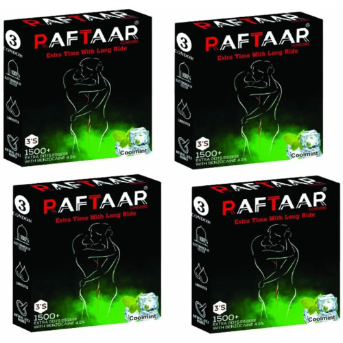 Raftaar Extra Time With Long Ride 1500+ Extra Dots Coolmint Flavoured Condoms (3pcs, Pack of 4)