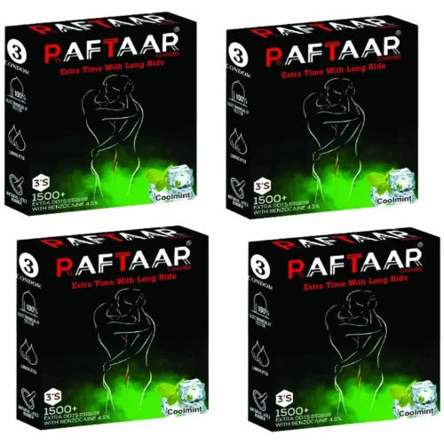 Raftaar Extra Time With Long Ride 1500+ Extra Dots Coolmint Flavoured Condoms (3pcs, Pack of 4)