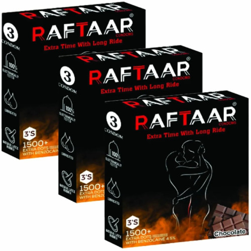 Raftaar Extra Time With Long Ride 1500+ Extra Dots Chocolate Flavoured Condoms (3pcs, Pack of 3)