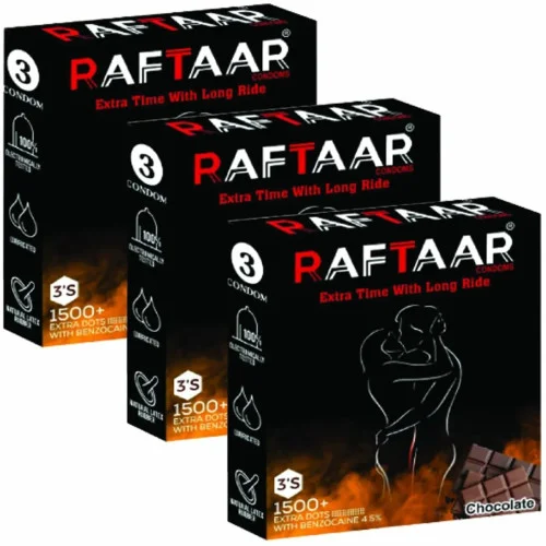 Raftaar Extra Time With Long Ride 1500+ Extra Dots Chocolate Flavoured Condoms (3pcs, Pack of 3)
