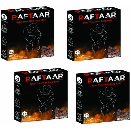 Raftaar Extra Time With Long Ride 1500+ Extra Dots Chocolate Flavoured Condoms (3pcs, Pack of 4)