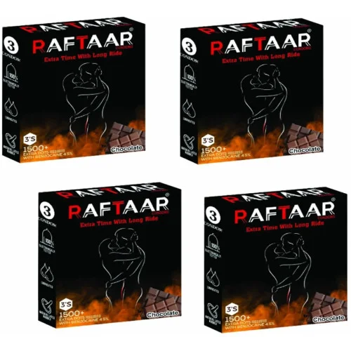 Raftaar Extra Time With Long Ride 1500+ Extra Dots Chocolate Flavoured Condoms (3pcs, Pack of 4)