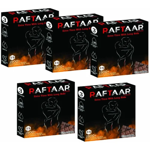 Raftaar Extra Time With Long Ride 1500+ Extra Dots Chocolate Flavoured Condoms (3pcs, Pack of 5)