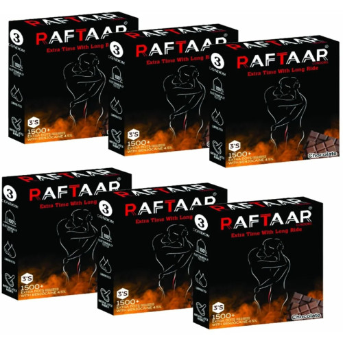Raftaar Extra Time With Long Ride 1500+ Extra Dots Chocolate Flavoured Condoms (3pcs, Pack of 6)
