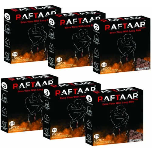 Raftaar Extra Time With Long Ride 1500+ Extra Dots Chocolate Flavoured Condoms (3pcs, Pack of 6)