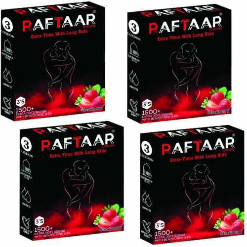 Raftaar Extra Time With Long Ride 1500+ Extra Dots Strawberry Flavoured Condoms (3pcs, Pack of 4)