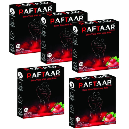 Raftaar Extra Time With Long Ride 1500+ Extra Dots Strawberry Flavoured Condoms (3pcs, Pack of 5)