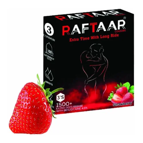 Raftaar Extra Time With Long Ride 1500+ Extra Dots Strawberry Flavoured Condoms (3pcs, Pack of 5)
