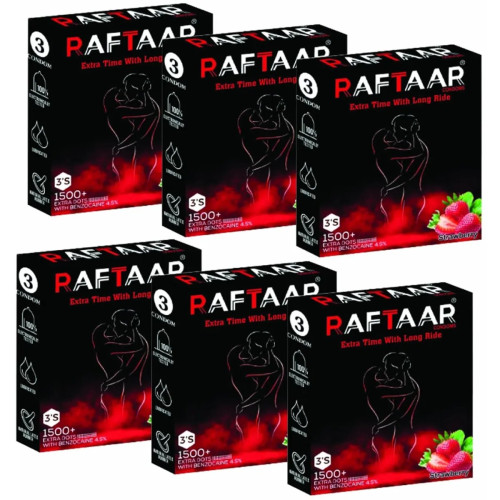 Raftaar Extra Time With Long Ride 1500+ Extra Dots Strawberry Flavoured Condoms (3pcs, Pack of 6)