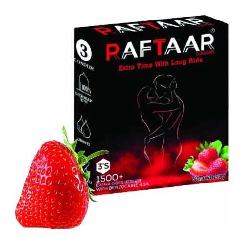 Raftaar Extra Time With Long Ride 1500+ Extra Dots Strawberry Flavoured Condoms (3pcs, Pack of 6)