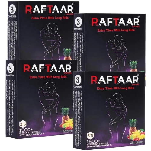 Raftaar Extra Time With Long Ride 1500+ Extra Dots Mix Fruit Flavoured Condoms (3pcs, Pack of 4)