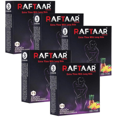 Raftaar Extra Time With Long Ride 1500+ Extra Dots Mix Fruit Flavoured Condoms (3pcs, Pack of 5)