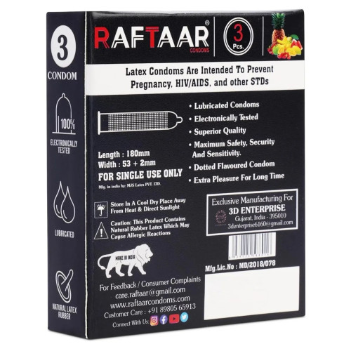 Raftaar Extra Time With Long Ride 1500+ Extra Dots Mix Fruit Flavoured Condoms (3pcs, Pack of 6)