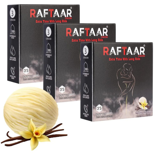 Raftaar Extra Time With Long Ride 1500+ Extra Dots Vanilla Flavoured Condoms (3pcs, Pack of 3)