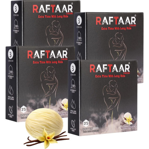 Raftaar Extra Time With Long Ride 1500+ Extra Dots Vanilla Flavoured Condoms (3pcs, Pack of 4)