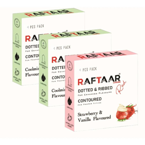 Raftaar Dotted & Ribbed Contoured Strawberry & Vanilla + Coolmint Flavoured Condoms (Coolmint 2 Box Each 4Pcs + Strawberry 1 Box 4Pcs) (1Pack)