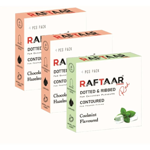 Raftaar Dotted & Ribbed Contoured Coolmint Flavoured + Chocolate & Hazelnut Condoms (Chocolate 2 Box Each 4Pcs + Coolmint 1 Box 4Pcs) (1Pack)