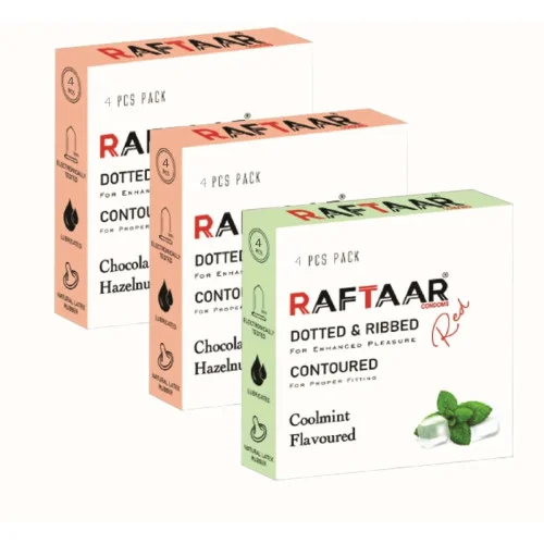 Raftaar Dotted & Ribbed Contoured Coolmint Flavoured + Chocolate & Hazelnut Condoms (Chocolate 2 Box Each 4Pcs + Coolmint 1 Box 4Pcs) (1Pack)