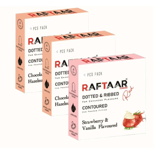 Raftaar Dotted & Ribbed Contoured Strawberry & Vanilla + Chocolate & Hazelnut Condoms (Chocolate 2 Box Each 4Pcs + Strawberry 1 Box 4Pcs) (1Pack)