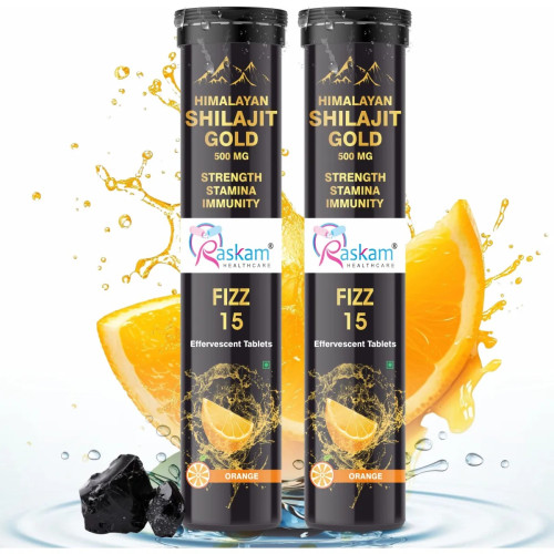 Raskam Himalayan Shilajit Gold 500Mg Orange Flavor Effervescent  Tablets (15 Tablets, Pack of 2)