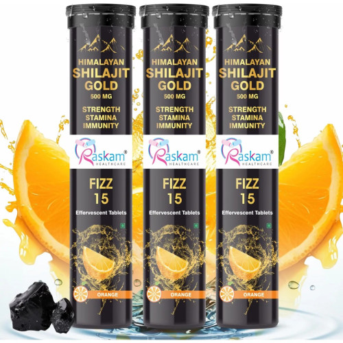 Raskam Himalayan Shilajit Gold 500Mg Orange Flavor Effervescent  Tablets (15 Tablets, Pack of 3)