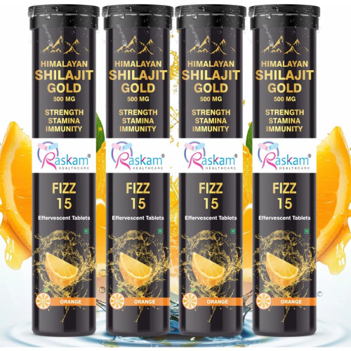 Raskam Himalayan Shilajit Gold 500Mg Orange Flavor Effervescent  Tablets (15 Tablets, Pack of 4)