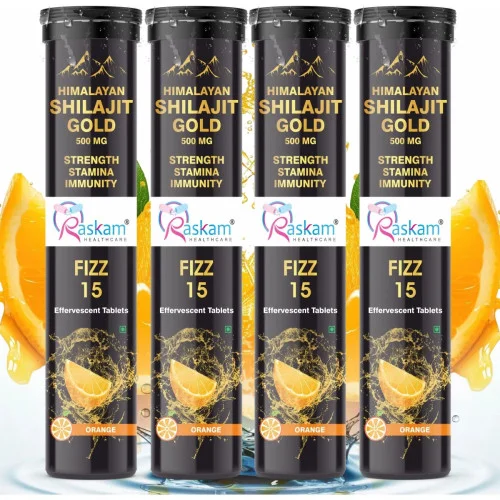 Raskam Himalayan Shilajit Gold 500Mg Orange Flavor Effervescent  Tablets (15 Tablets, Pack of 4)