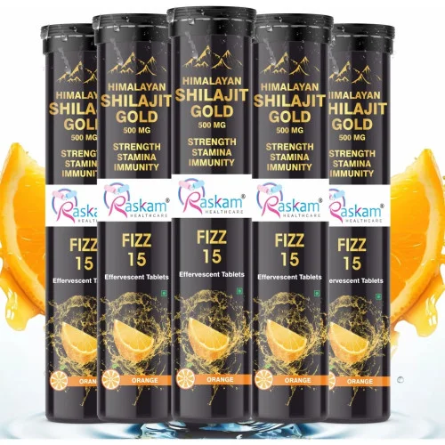 Raskam Himalayan Shilajit Gold 500Mg Orange Flavor Effervescent  Tablets (15 Tablets, Pack of 5)
