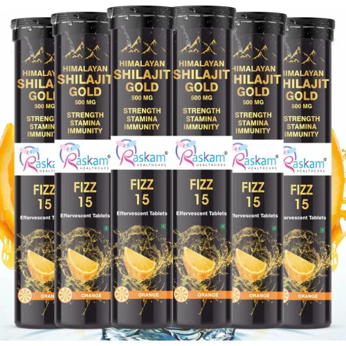 Raskam Himalayan Shilajit Gold 500Mg Orange Flavor Effervescent  Tablets (15 Tablets, Pack of 6)