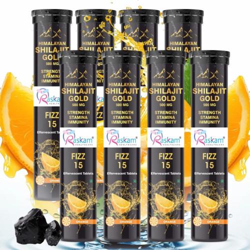 Raskam Himalayan Shilajit Gold 500Mg Orange Flavor Effervescent  Tablets (15 Tablets, Pack of 8)