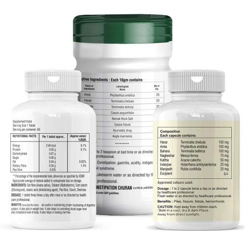 Zenius Daily Fiber  Tablets + Constipation Churna + Piles Care  Capsules (60 Tablets + 100g Churan + 60cap) (1Pack)